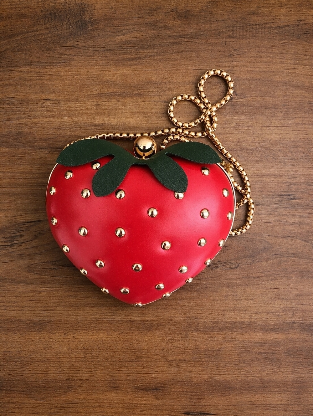 Red Strawberry Heart Mini Bag with Gold Studs